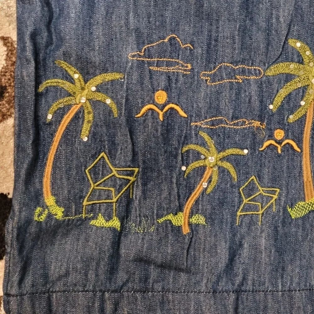 Vtg Dark Wash Denim Palm Tree Embroidered Button Up Shirt Large - Picture 4 of 7
